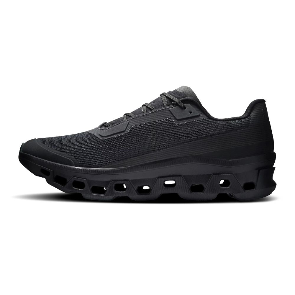 Black running shoe on a white background
