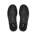 A pair of black On running shoes shown from a top-down view against a plain white background.