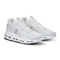 A pair of white On Cloudrunner sneakers shown from a three-quarters angle against a clean white background.