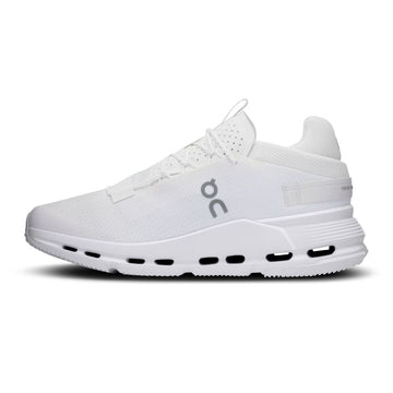 A white On running shoe shown from the side against a plain white background, featuring a white mesh upper, white laces, a white midsole with visible air pockets, and a gray On logo on the side.