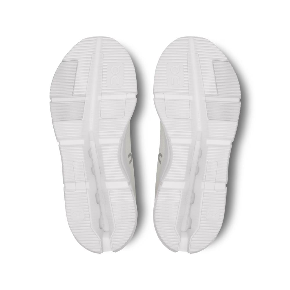 White sneakers shown from a top-down perspective on a white background