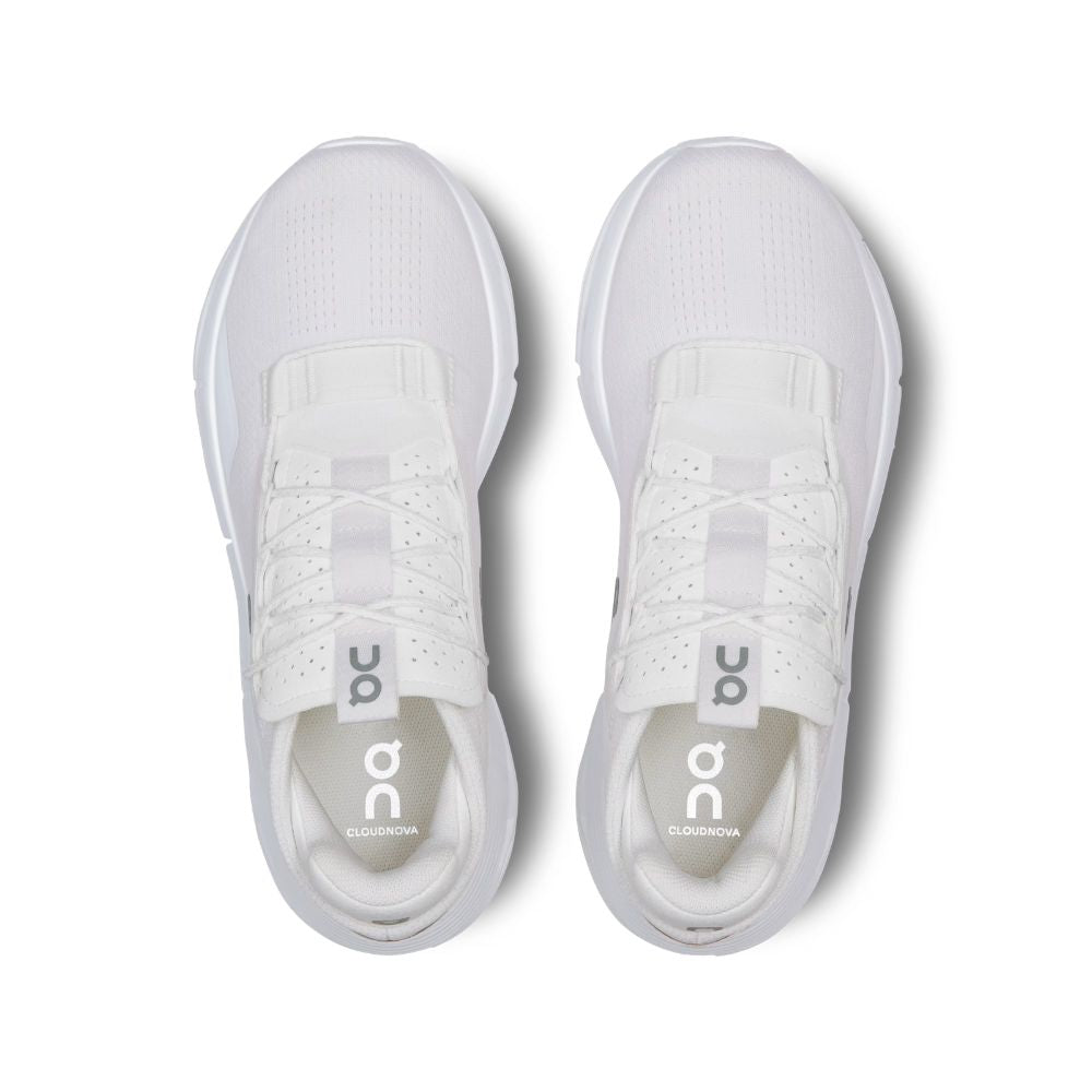 A pair of white On Cloudrunning sneakers shown from a top-down view on a clean white background.