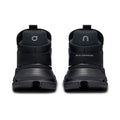 A pair of black high-top athletic sneakers shown from the back, featuring a textured synthetic upper, thick ridged black midsoles, and a pull tab on the heel, set against a plain white background.