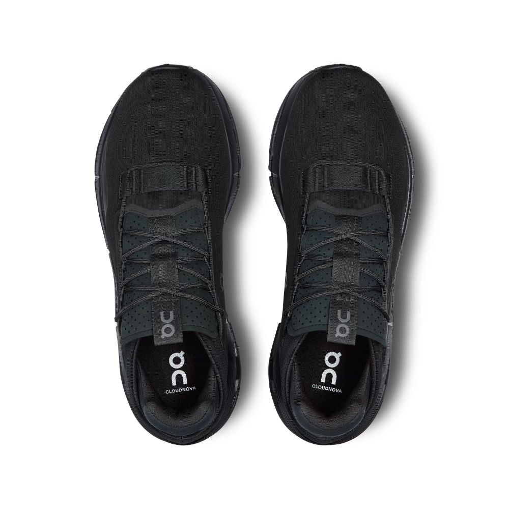 A pair of black On Cloudrunning shoes shown from a top-down view on a white background.