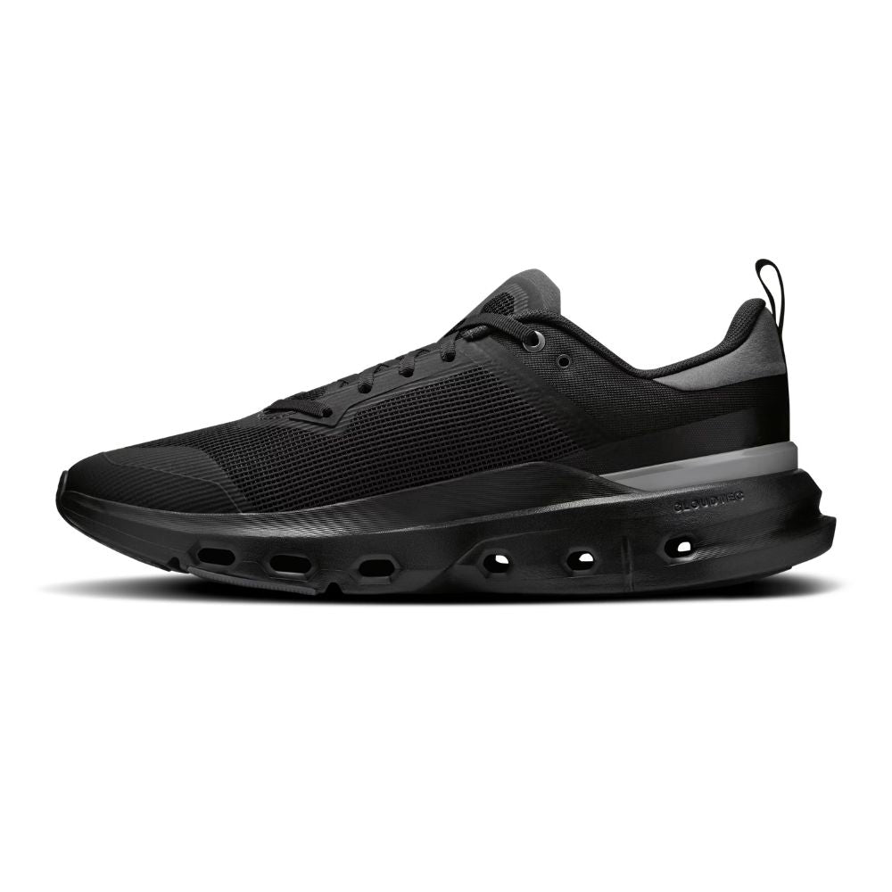 Black shoe with unique sole design on a white background