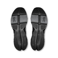 Black athletic shoe soles with 'On' branding on a white background