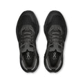Black running shoes with 'On' logo on a white background