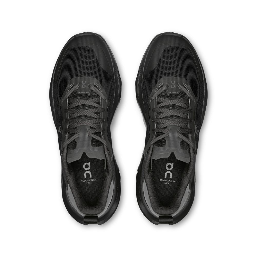 Black running shoes with 'On' logo on a white background