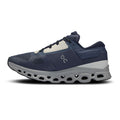 A navy blue running shoe with a white and gray sole, featuring the On logo on the side, shown against a plain white background.