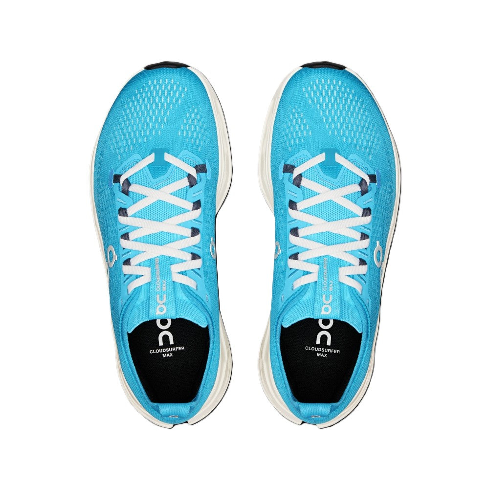 A pair of POC Cloudrunner V10 running shoes in a vibrant light blue color, shown from a top-down view on a solid white background.