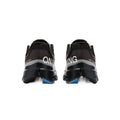 A pair of black and gray running shoes shown from the back, featuring white 'ON' and 'NING' lettering on the heel area and a small blue accent at the sole.