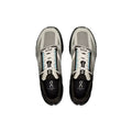 A pair of On running shoes in gray, black, and white, viewed from a top-down perspective on a solid white background.