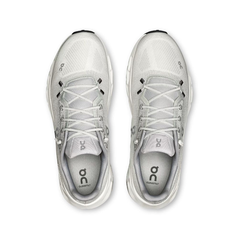 A pair of On Clammy running shoes in light gray and white, shown from a top-down view on a white background.