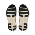 A pair of athletic shoe soles shown from the bottom, featuring a black textured tread pattern on the upper half and a beige cushioned midsole with horizontal support bars on the lower half, set against a plain white background.