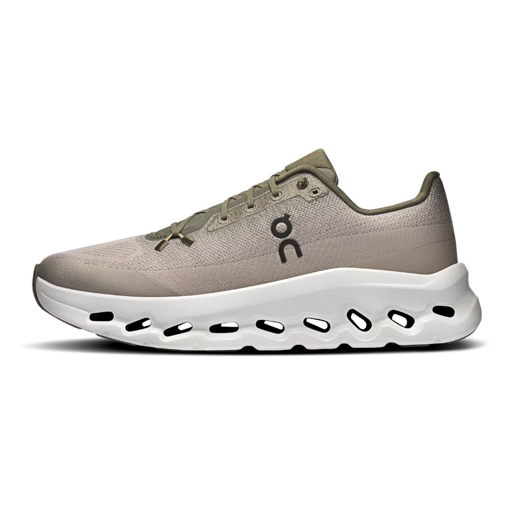 A single On Cloudrunner sneaker in a light taupe-beige and olive green colorway, featuring a chunky white CloudTec sole, shown from a side profile on a white background.