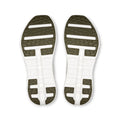A pair of athletic shoe soles shown from the bottom, featuring a white midsole with cutouts and an olive green outsole with textured tread patterns.