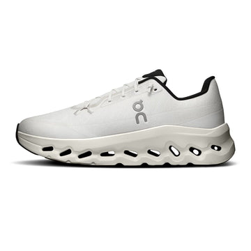 A white On Cloudrunner sneaker with black accents on the collar, tongue, and outsole details, shown in a side profile on a white background.