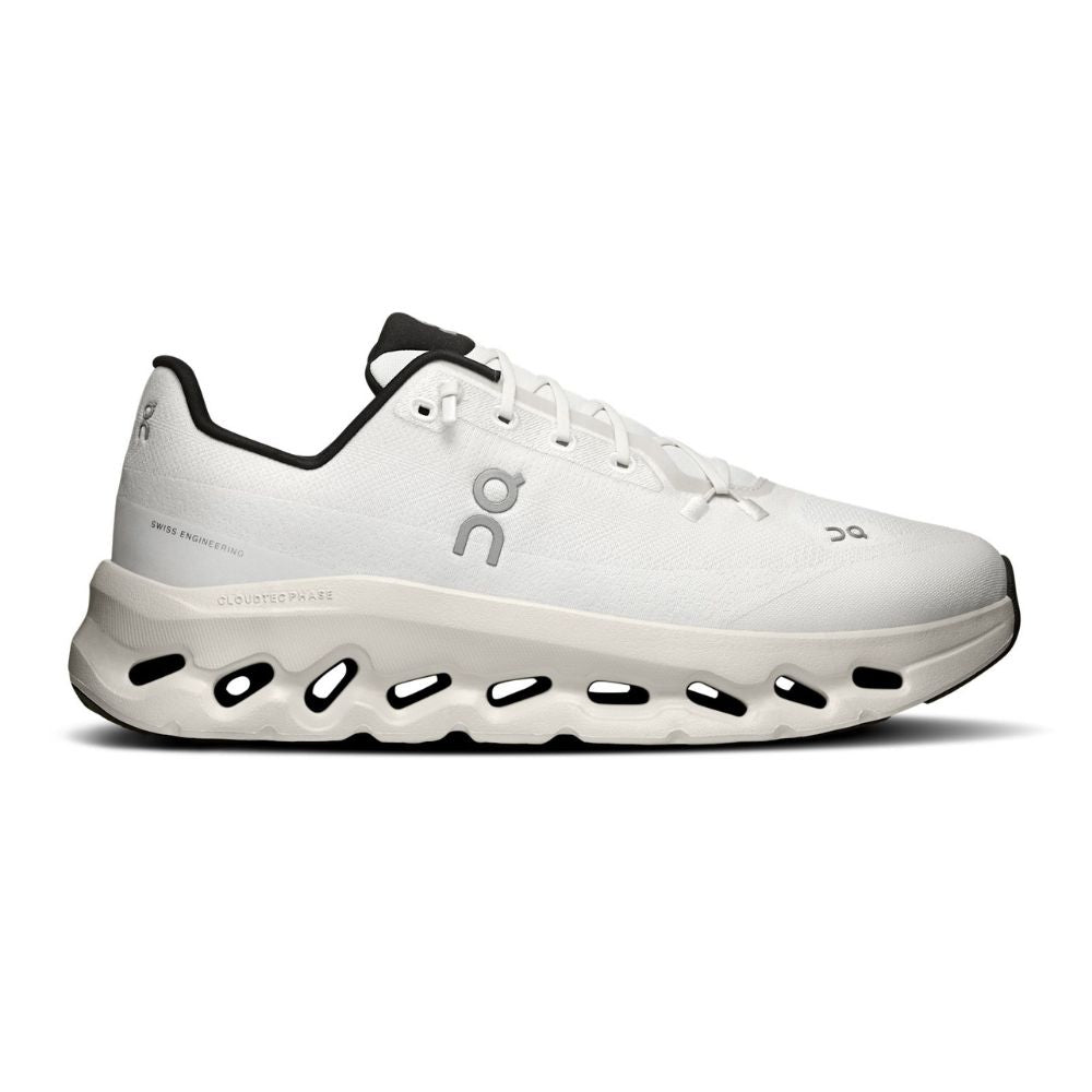 White running shoe with brand logo on a white background