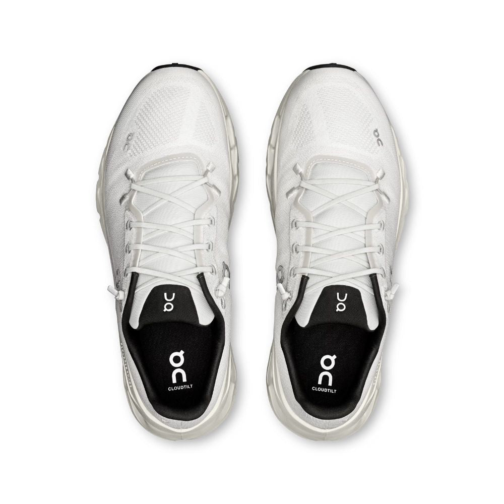 A pair of white On running shoes shown from a top-down view against a plain white background.