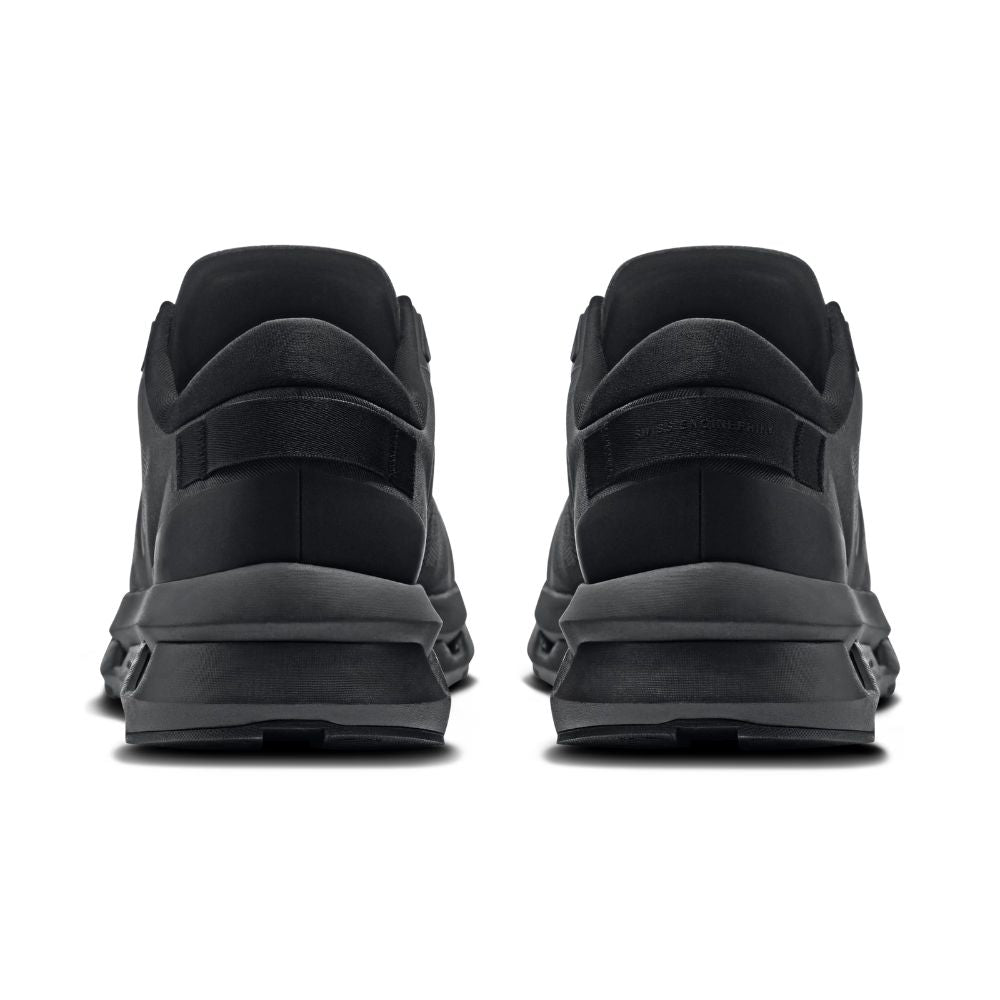 Black sneakers shown from the back on a white background