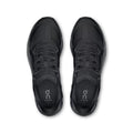 A pair of black On running shoes shown from a top-down view on a clean white background.