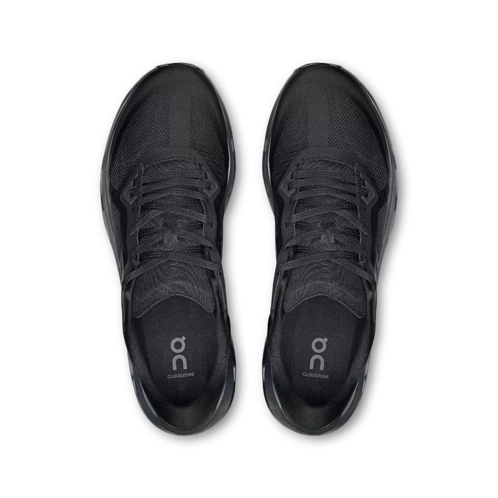 A pair of black On running shoes shown from a top-down view on a clean white background.