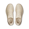A pair of On Cloudrunning sneakers in a light cream/off-white color, shown from a top-down view on a solid white background.