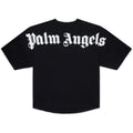 A black short-sleeve t-shirt with 'Palm Angels' printed across the chest in a white Gothic Old English font, shown against a plain white background.