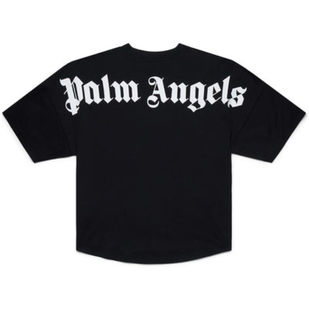 A black short-sleeve t-shirt with 'Palm Angels' printed across the chest in a white Gothic Old English font, shown against a plain white background.