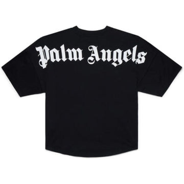 A black short-sleeve t-shirt with 'Palm Angels' printed across the chest in a white Gothic Old English font, shown against a plain white background.