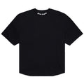 A black short-sleeve crewneck t-shirt with 'Palm Angels' printed in white gothic font on the inside of the collar, shown flat against a white background.