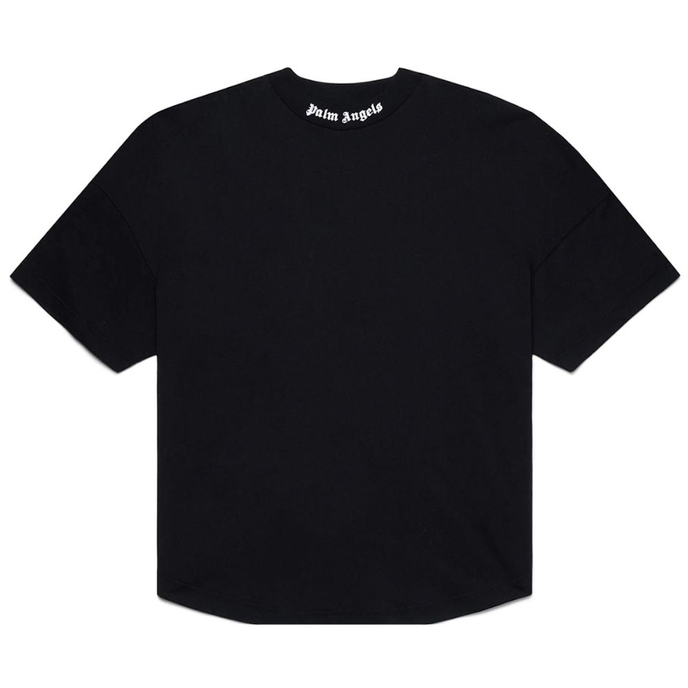 A black short-sleeve crewneck t-shirt with 'Palm Angels' printed in white gothic font on the inside of the collar, shown flat against a white background.