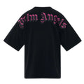 Black short-sleeve t-shirt with 'Palm Angels' written across the back in a pink gothic font, shown on a plain white background.