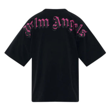 Black short-sleeve t-shirt with 'Palm Angels' written across the back in a pink gothic font, shown on a plain white background.