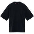 A black short-sleeve t-shirt shown from the back, featuring a small pink and white 'jeans jeans' logo printed inside the collar, set against a plain white background.