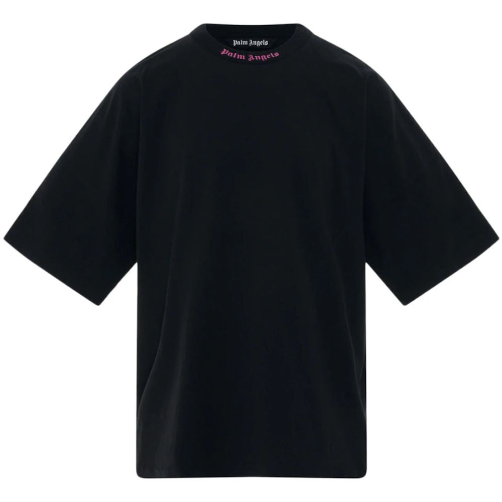 A black short-sleeve t-shirt shown from the back, featuring a small pink and white 'jeans jeans' logo printed inside the collar, set against a plain white background.