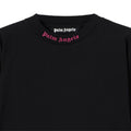 Close-up of a black crewneck sweatshirt featuring the Palm Angels brand name printed in white Gothic font inside the collar and in pink Gothic font across the front of the collar.