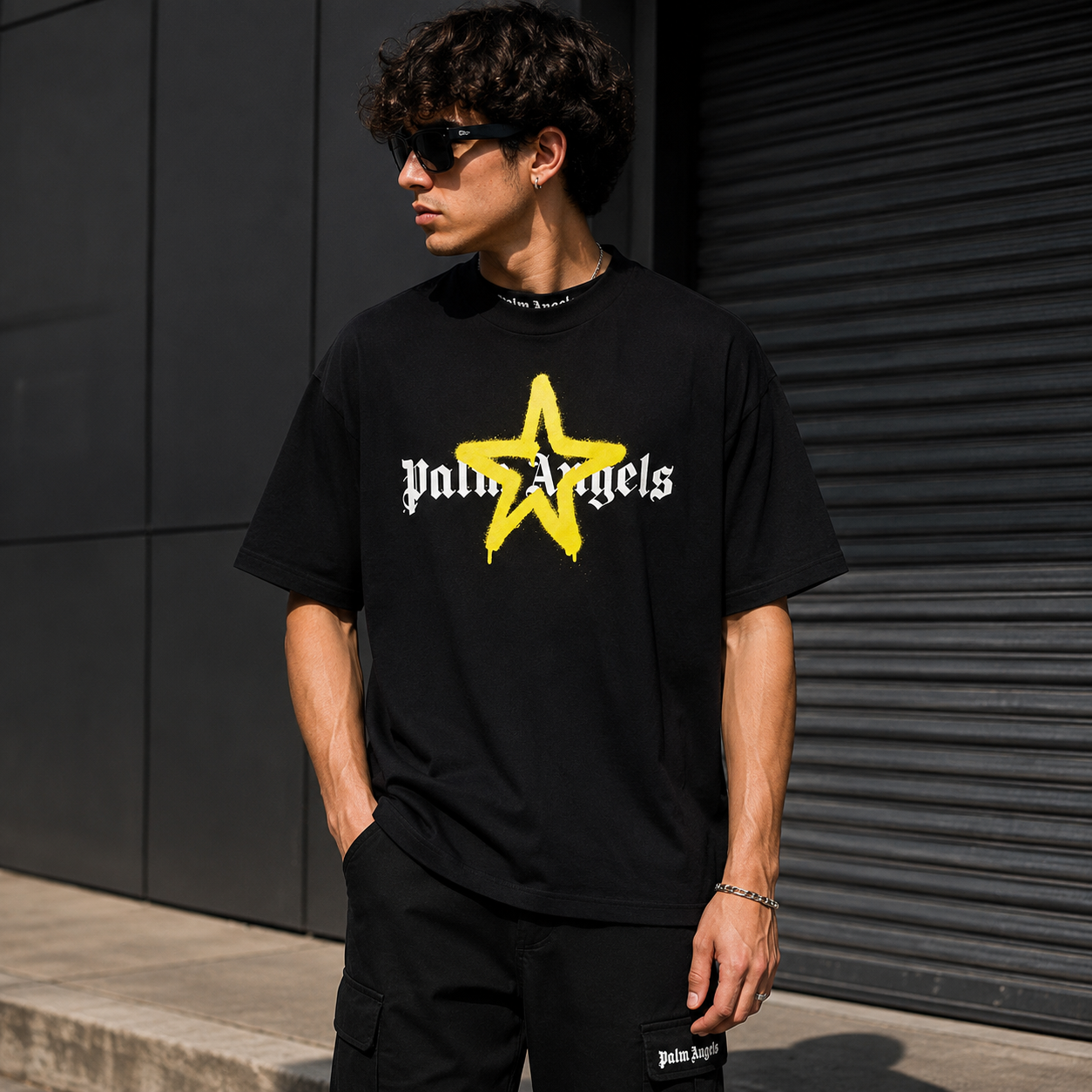 A man wearing a black Palm Angels t-shirt with a yellow star logo and white gothic text, standing in front of a dark gray metal shutter.