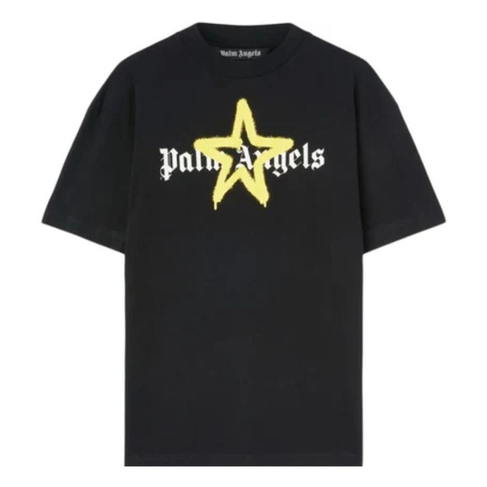 A black short-sleeve crewneck t-shirt featuring a large yellow star graphic and the white gothic 'Palm Angels' brand name printed across the chest.