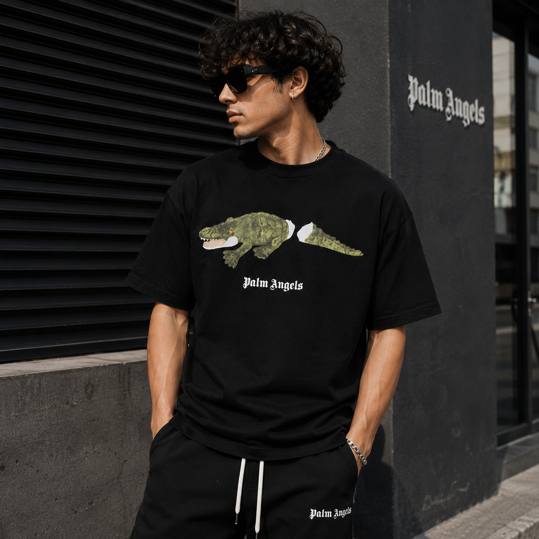 Palm Angels Crocodile Print T-Shirt Black