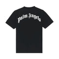 A black short-sleeve t-shirt with 'Palm Angels' printed in a white Gothic font across the upper back, shown against a plain white background.