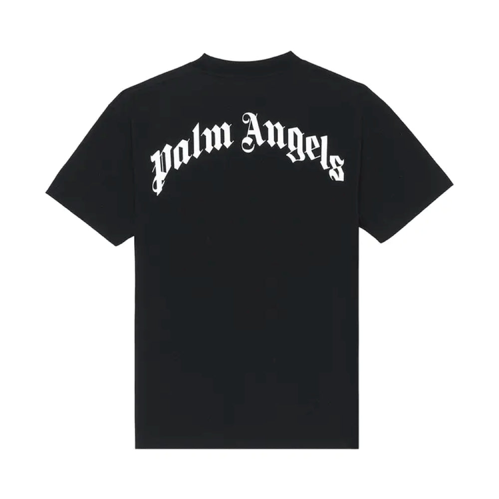 A black short-sleeve t-shirt with 'Palm Angels' printed in a white Gothic font across the upper back, shown against a plain white background.