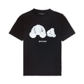 A black short-sleeve t-shirt featuring a white graphic of two teddy bears on the front, with 'Palm Angels' written in gothic font below them, set against a plain white background.