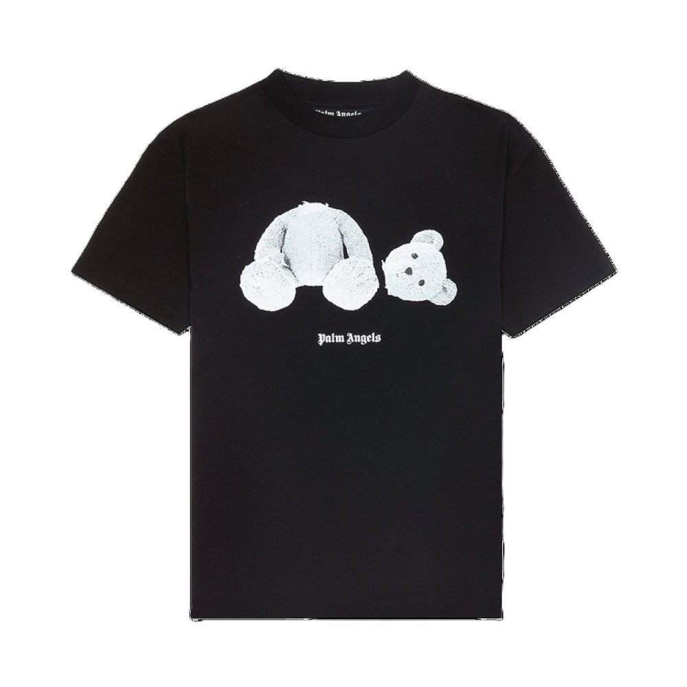 A black short-sleeve t-shirt featuring a white graphic of two teddy bears on the front, with 'Palm Angels' written in gothic font below them, set against a plain white background.
