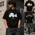 A collage showing a man wearing a black Palm Angels T-shirt with a white teddy bear graphic on the front, plus inset views of the front, back, and full-body look. The shirt has white printed graphics and the Palm Angels brand name is visible.