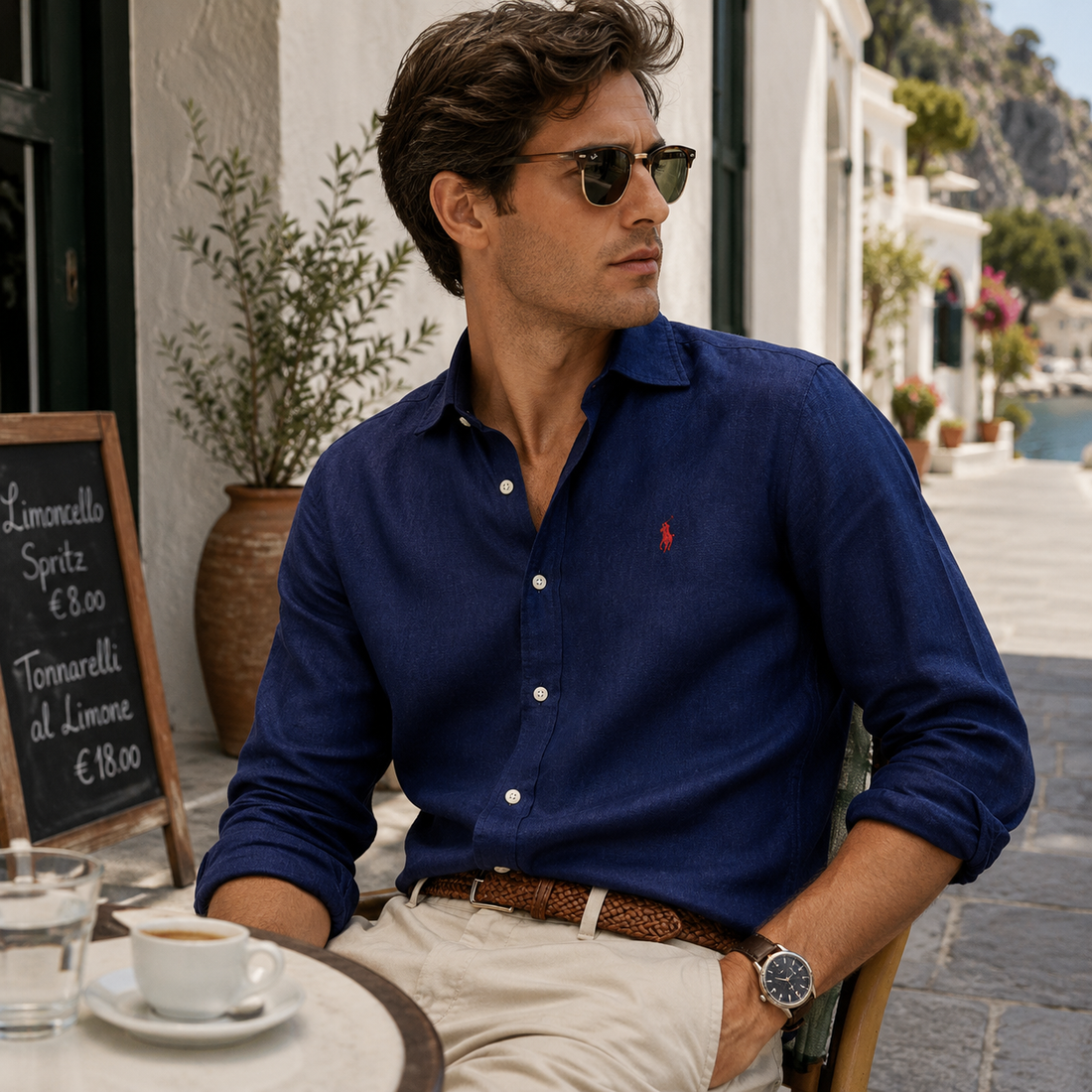 A long-sleeve button-down shirt in a textured indigo blue fabric, featuring a small embroidered red polo player logo on the left chest. The shirt is displayed flat against a clean white background.