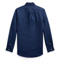 A dark navy blue long-sleeve button-down shirt shown from the back, featuring a classic collar and button cuffs, displayed on a clean white background.