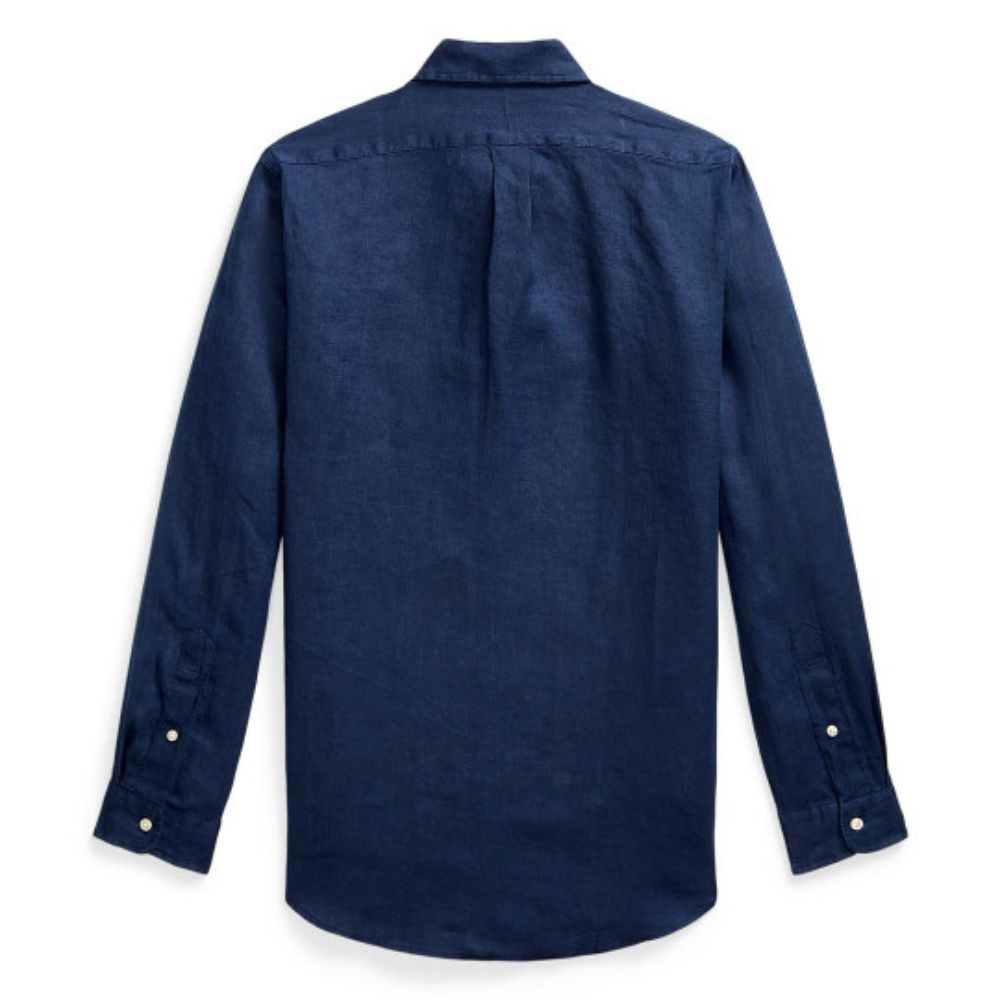A dark navy blue long-sleeve button-down shirt shown from the back, featuring a classic collar and button cuffs, displayed on a clean white background.