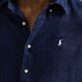 Close-up of a person wearing a dark navy blue button-up shirt with a small white embroidered Polo Ralph Lauren logo on the chest.