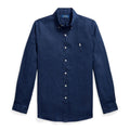 A dark navy blue long-sleeve button-down shirt by Polo Ralph Lauren, featuring a small embroidered polo player logo on the left chest, shown against a plain white background.